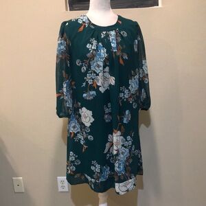 Eva Mendes Green Sheer Floral A-Line Dress Lined Pleated Collar 3/4 Sleeves-M